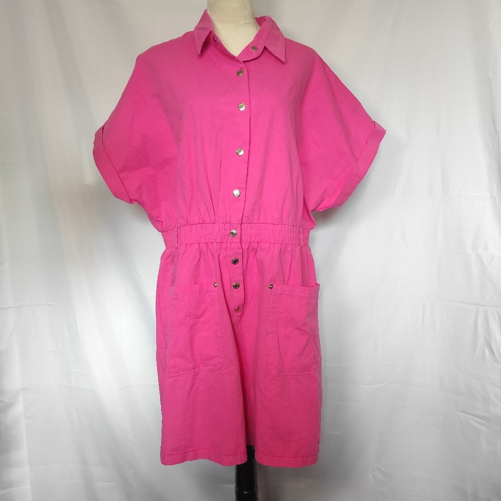 Hot Pink Short Sleeves Romper With Pockets